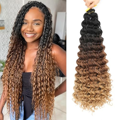 AMLUCKS Deep Wave Crochet Braids Hair Ocean Wave Braiding Hair för svarta kvinnor flickor syntetiska vattenvåg virkade hårförlängningar för bohoflätor (1B/30/27#, 50 – 3)