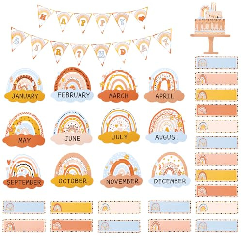 PEUTIER 57pcs Bohemia Classroom Set, Boho Happy Birthday Chart Calendar Decoration Rainbow Month Header Decoration for Home School Wall