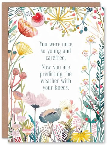 Artery8 Tarjeta de felicitación con diseño de flores felices que predicen el tiempo y rodillas, divertida para ella, mujer, esposa, madre, abuela, hermana, tarjeta de cumpleaños