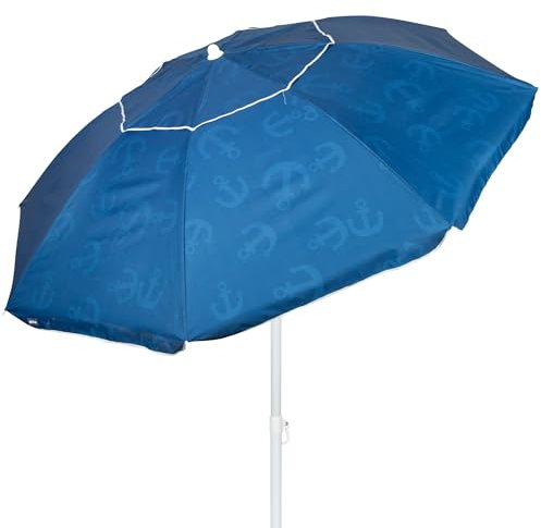 AKTIVE Parasol de plage 220 cm bleu avec imprimé ancres, mât en acier inclinable et ventilation supérieure, léger et coupe-vent, protection solaire UV30 et sac de transport (62426), bleu, 220 cm