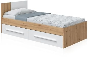 duehome | Cama Individual con 2 Cajones, Cama Juvenil, Cama Infantil, Modelo Dess, Acabado en Blanco Artik y Roble Nodi, Medidas: 196 cm (Largo) x 97 cm (Ancho) x 77 cm (Alto)