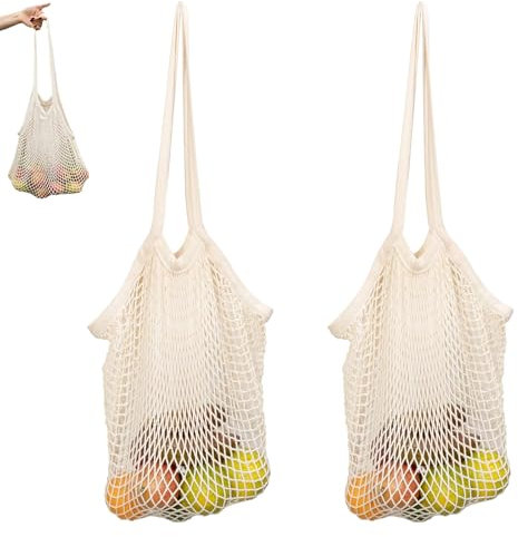 BbiuRer Lot de 2 sacs en maille pour jouets de sable, sacs à provisions réutilisables en coton avec longue poignée pour le stockage des fruits et légumes