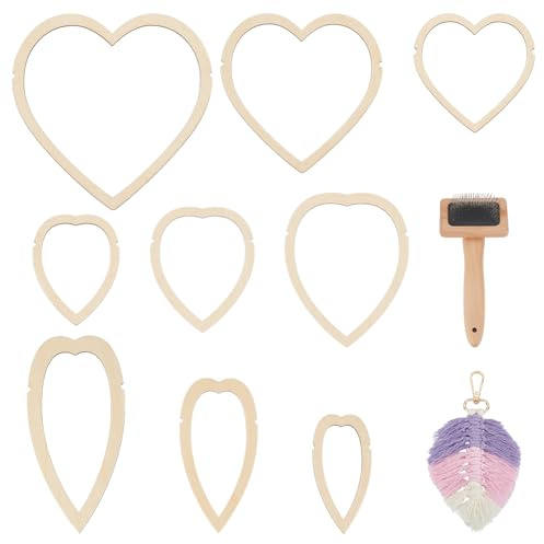 BENECREAT Set di 10 Accessori per macramè, Sagoma in Legno a Forma di Foglia per macramè, 9 Stampi da Taglio in 3 Stili e 1 Pettine in Acciaio Inossidabile per Realizzare Nappe a Piuma in macramè