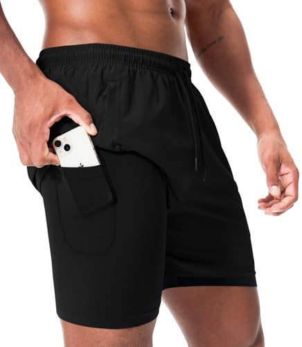 Superora Short d'entraînement Course 2 en 1 pour Hommes‌ - Compression Séchage Rapide Double Couche Fitness avec Poche Smartphone Intégrée