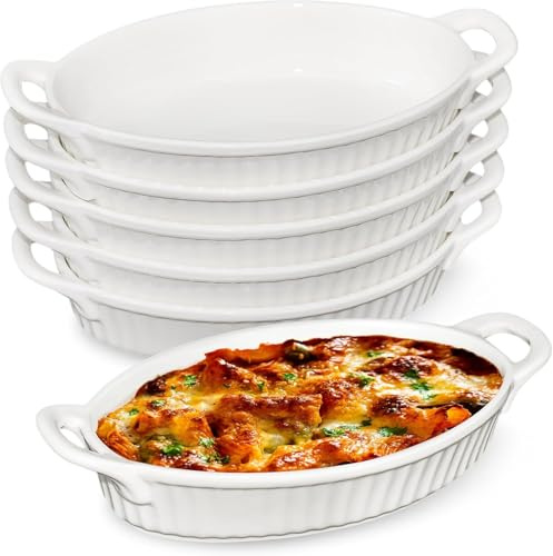 Set of 6 Oval Ceramic Baking Dishes with Handles, 450 ml White Lasagne Dish | 24 cm Porcelain Gratin Dishes, for Casseroles, Roasting, Desserts and Serving, Oven-Safe