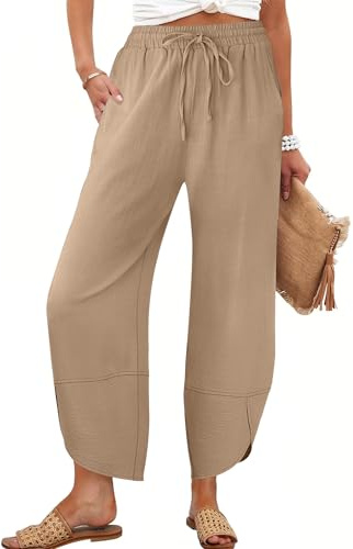 Caracilia Womens Wide Leg Pants Barrel Palazzo Casual Flowy Beach Vacation Cropped Summer Drawstring Capris with Pockets Khaki Medium