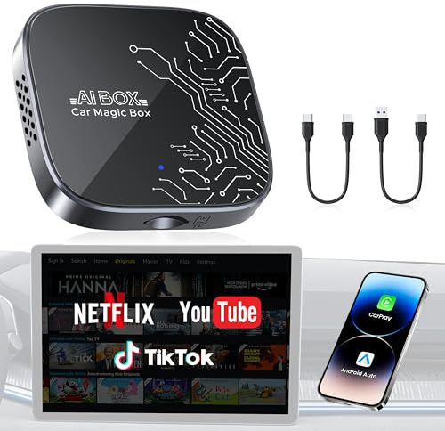 4-in-1 Magic AI Box for Streaming Netflix/YouTube/TikTok/TF Card, 2026 Wireless Carplay Adapter & Car Video Box, Plug & Play, Fits for OEM Wired CarPlay and Android Auto Cars