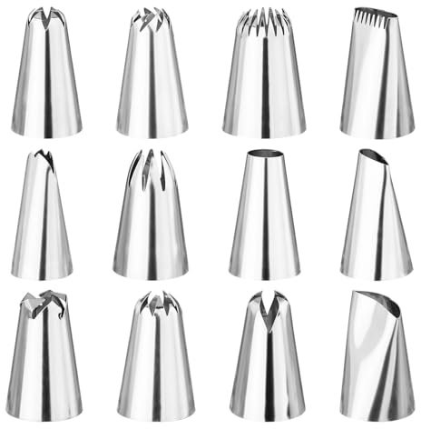 Set 12 Beccucci Sac a Poche Professionali in Acciaio Inox, Bocchette Grandi 25mm per Decorazione Torte, Cupcake, Zeppole e Biscotti, Accessori Pasticceria per Uso Domestico, Modelli Assortiti