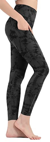 Leovqn High Waist Gym Leggings for Women with Side Pockets Stretch Yoga Pants for Workout Running Sports-Grey Black Print Dye-M