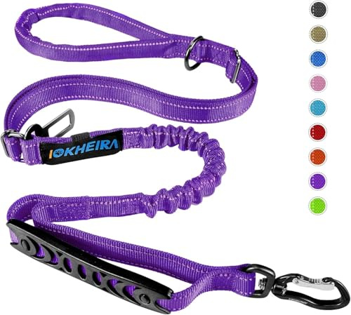 Iokheira - Guinzaglio per cani, resistente, ammortizzante, con due manici imbottiti e fibbia per cintura di sicurezza auto, guinzaglio regolabile per cani di taglia piccola, media e grande (viola)