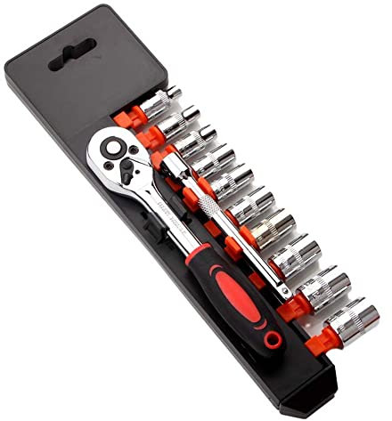 LSHK 1/4-Zoll-Ratschenschlüssel-Set, Mechaniker-Werkzeug-Set und Steckschlüssel-Set mit Schnellspanner, umschaltbarer Ratschengriff und Verlängerungsstange, 12-teiliges Set