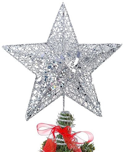 KEYIDO Christmas Tree Topper, Silver 3D Hollow Glitter Tree Star, 8 Inch Metal Christmas Treetop Star for Xmas Tree Topper Ornaments Christmas Home Decorations