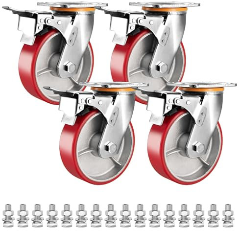 Schwerlast Industrie Polyurethan Rollen 4 Stück, 100 125 150 200 Mm Leise Pannensichere Transportroller, Lenkrolle Mit Bremse, Doppeltes Kugellager Bockrolle, Tragfähigkeit 300KG Pro Rolle ( Color : B