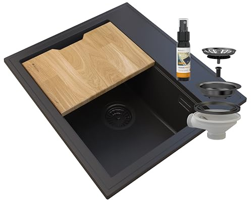 Waschbecken mit Küchenbrett und Imprägnierung - Granit Spülbecken mit manuellem Siphon - FOXAL - hochwertige hitzebeständig Küchenspüle - Schwarz - GRANITAN