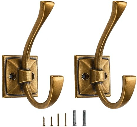 CABDM Paquete de 2 ganchos decorativos resistentes para colgar batas, ganchos dobles vintage de latón antiguo montados en la pared con tornillos para llaves, toallas, bolsos, tazas, sombreros