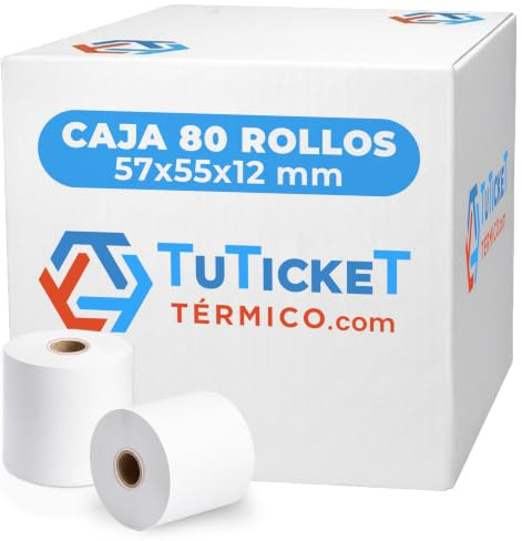 TuTickeT TÉRMICO.com - Rollos de Papel Térmico 57x55x12 mm (80 uds) para Cajas Registradoras, TPV e Impresoras Térmicas de Tickets con Salida de 57mm de Ancho. Sin Bisphenol A (80)