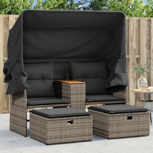 Festnight Gartensofa mit Dach und Hocker, Grau, Rattan, 2-Sitzer, Ausziehbar, Balkon, Terrasse, Garten, Wohnzimmer, Sofa, Polyrattan, Gartenlounge