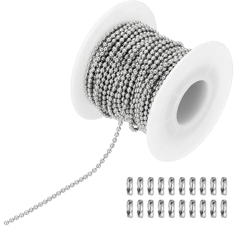 PATIKIL 10 m/32,8 pieds Perles Boule Chaîne,2mm Acier Inox Tirer Chaîne Extension avec 20 Pcs Connecteurs pour Étiquette Chaîne, Porte-clés Bagues, Bricolage Artisanat, Argent
