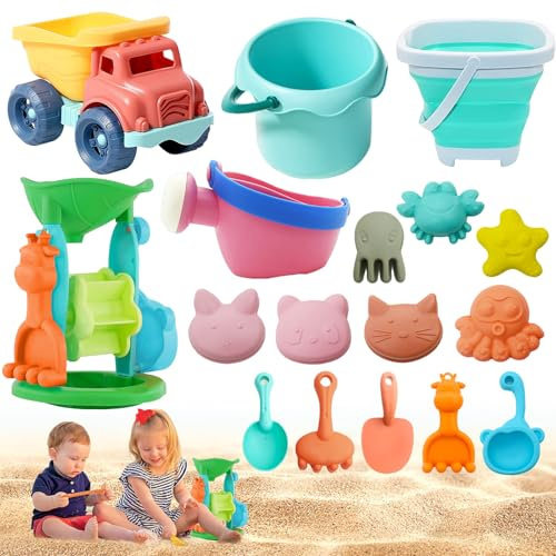 Jeux de Plage,17 PC Kit de Jeu de Plage Enfant avec Seau Plage Pliant,Ensemble Jeux Jouet Bac a Sable,Jouet de Plage avec Sac en Filet