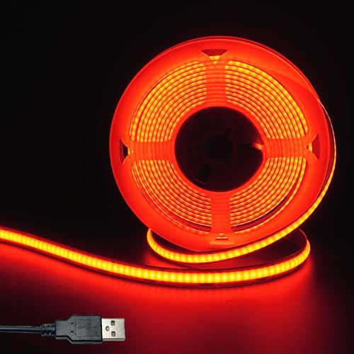 Clearhill 5V USB COB LED-ljuslistor, Röd, 8mm bredd 320LEDs/m, 8W/m, CRI90, 6.56FT/2M, Elektropläterad dubbelsidig panelbelysningslist, Flexibel lista för inomhusdekoration