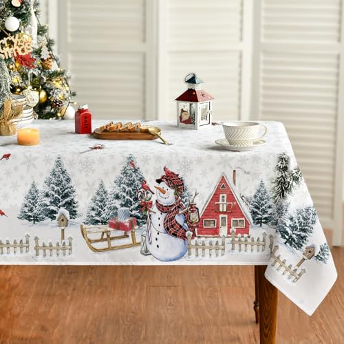 Artoid Mode Bianco Casa Neve Alberi Recinzione Pupazzo di neve Natale Tovaglia 140 x 220 cm Invernale Antimacchia Biancheria da tavola Decorazione cucina e festa
