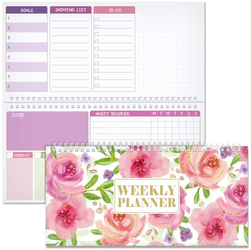 Funrous Floral Undated Weekly Planner 2026 Weekly To Do List Notepad with Goal Shopping Horizontal Desk Calendar Spiral Bound Calendar for Planner Reminder Office School 12 x 6 inch(Classic,Pink)
