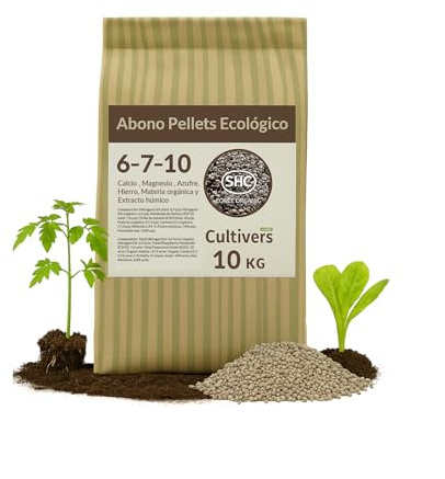 CULTIVERS Abono Pellets Plantas Ecológico 10 Kg granulado Universal NPK 6-7-10 con Calcio Micros Materia Orgánica Húmicos para Huerto y Jardín Fertilizante Orgánico Natural para Cultivos