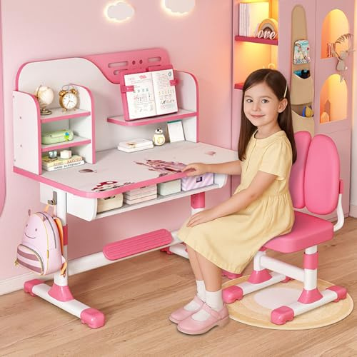 joukares Kids Study Desk Chair Set, Height Adjustable Children School Study Table Chair Set, Ergonomic Desk Chair with Large Writing Board, Bookshelf and Drawer, Birthday Gifts (Pink)
