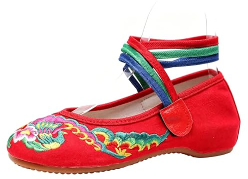 Maimeili kvinnors kinesiska broderade blommiga kilskor asiatisk traditionell Mary Jane Brida balett yoga kanvas skor gummisula, Färgglad röd, 37.5 EU