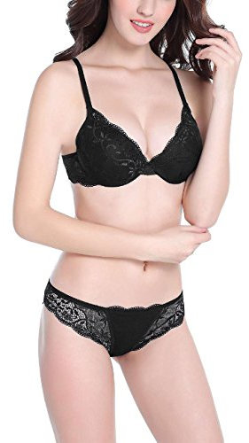 Bluewhalebaby Sexy Push Up Bras Set Transparent Underwear Lingerie Lace Bra & Matching Knicker for Women Black UK Size 32C = Asian Tag Size 34C