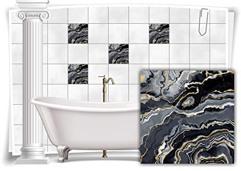 Medianlux Fliesen-Aufkleber Folie Marmor Öl Ölfarben Abstrakt Grau Schwarz Gold Bad WC Deko Küche, 12 Stück, 15x15cm m23m86q-139666
