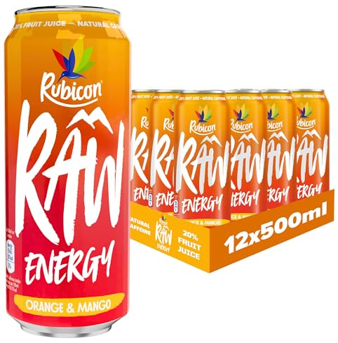 Rubicon Raw Orange Mango Energy Drink, 12 Pack, 500ml Cans | Natural caffeine energy drink crafted with 20% real fruit juice in orange mango flavour.