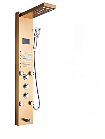 Shower Set Panneau de Douche Affichage Numérique Colonne de Douche Hydromassante Ensemble de Douche, avec LED Tête de Douche, Douche à Main, Jets de Massage, Robinet de Baignoire,d'or