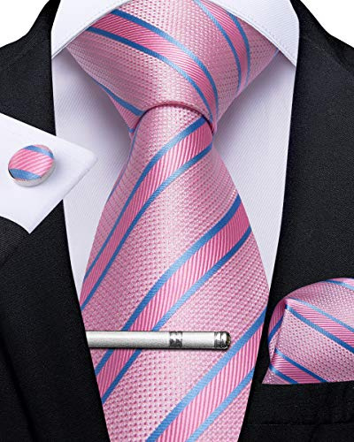 DiBanGu Ensemble de cravate en soie pour homme, motif à rayures, avec poche carrée, boutons de manchette et pince à cravate pour affaires, mariage, fête, rose, taille unique, rose, taille unique