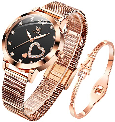 OLEVS Damenuhr Roségold mit Herz Diamant Schwarz Gesicht Armbanduhr wasserdicht Armreif Armband Set Armbanduhren für Damen