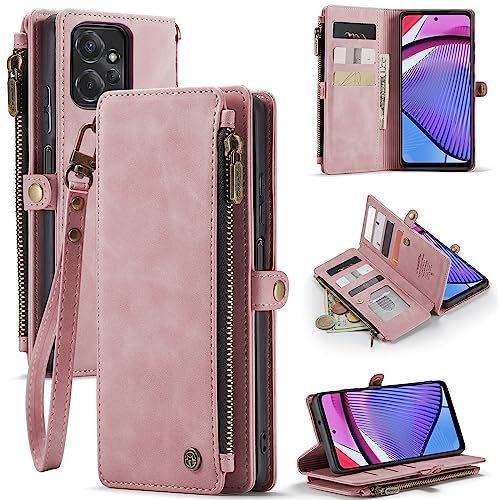 Defencase Custodia a portafoglio per Moto G Power 5G 2023, alla moda, in pelle PU, con cerniera, porta carte, cavalletto, rosa