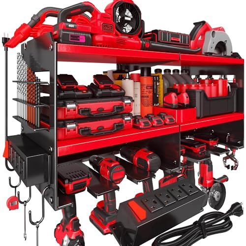 Spampur Fathers Day Gift ā Power Tool Organizer Wall Mount with Charging Station, 420 lb Capacity 3-Tier Storage Rack Holds 6 Drills, Side Slots for Screwdrivers & Bits, Garage Storage for Men Gifts