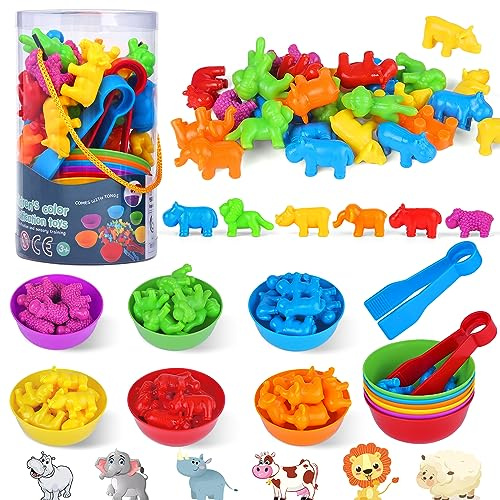 BBLIKE Animal Counting Toys, Kids Montessori Sorting Toys with Bowl, Dice, Tweezers, Color Sorting Math Toys Educational Learning Toy for Children 2 3 4 5 6 Year Old Boy Girl Gift (AS89)
