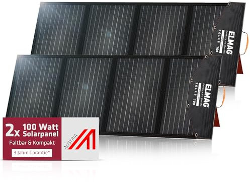 ELMAG Faltbares Solarpanel SOLAR 100 DUO – 2 Stück monokristalline 100W Solarmodule für tragbare Powerstations – 18V DC Solarpanele mit integrierten Stützfüßen – Ideal für Outdoor, Camping & Wohnmobil