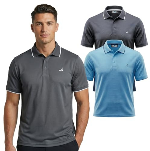Under Par 2 pack Men's Golf Polo Shirt with Stretch Breathable Fabric UV Protection Moisture Wicking Quick-Dry Short Sleeve Sports T-Shirt for Adult Running and Gym (pack of 2), Charcoal & Sky, L