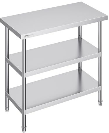 VEVOR Stainless Steel Food Prep Table, 18 x 36 x 34 Inch Commercial Kitchen Worktable, with 2 Adjustable Undershelf, Heavy Duty Prep Table Metal Work Table for BBQ, Kitchen, Home, and Garage