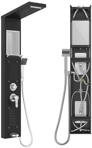 NAIZY Pannello doccia con rubinetto, sistema 5 in 1 con ripiano integrato, set multifunzione con doccetta per massaggio, cascata e pioggia, rubinetto in acciaio inox 304