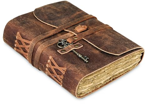 Leather Journal with Deckle Edge Paper 8x6 inch and Vintage Key | Handmade Writing Notebook Diary | Bound Daily Notepad for Men & Women Medium, Sketch/Writing pad for Artists