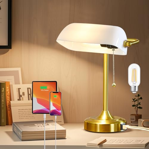 GyroVu Bankers Schreibtischlampe Vintage Tischlampe mit USB- und Type C-Ladeanschlüssen, Bibliothekslampe, traditionelle Zugkettenschalter für Home Office, Nachttisch, Schlafzimmer