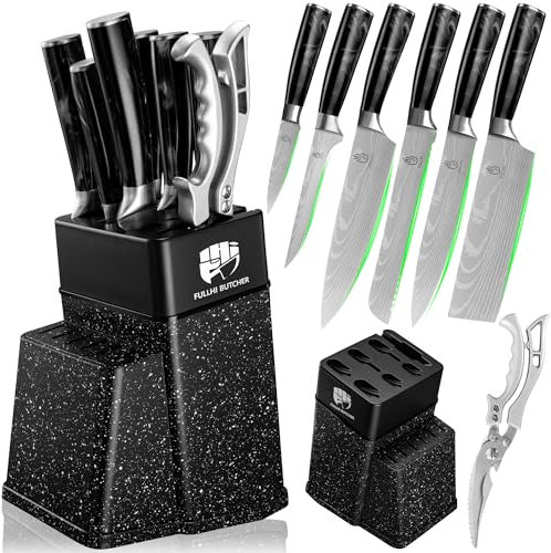 FULLHI Juego de cuchillos de 8 piezas, juego de cuchillos de chef con bloque de cuchillos y tijeras, juego de cuchillos de cocina de acero inoxidable con mangos multicolores (Resina Negra)