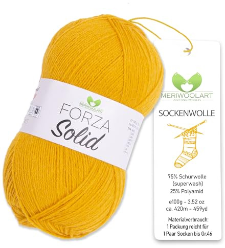 MeriWoolArt Sock Yarn, 75% Virgin Wool Superwash, 100g/420m, Purple, 4-Ply for Socks and Sweaters (Mustard Yellow-4610)
