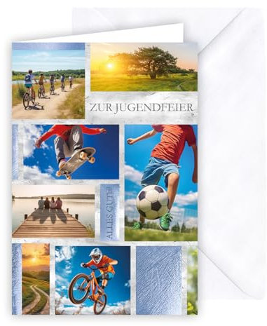 KE - Moderne Karte zur Jugendweihe, Glückwunschkarte zur Jugendfeier mit Umschlag, weiß, Motiv: Freunde, Fussball, Fahrrad, Jungen, Steg, Wasser, Folienprägung in blau, Format: B6