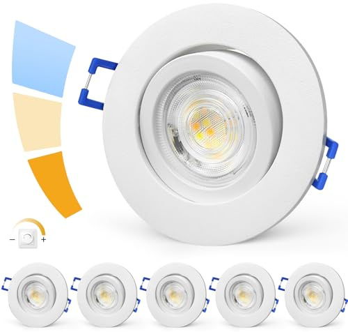 YindaLux 6 Pack Downlight Led Empotrable Extraplano Redondo, 5W, Equivalente a 50 W Incandescente, 230V IP44 3000K 4000K 6500K Focos LED Techo Empotrable, Metal de Aluminio ojos de buey Led, Blanco
