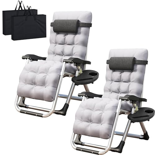 LSLIFE Zero Gravity Garden Chair folding Sun Loungers with Cup Holder & Cushion Carry Bag Adjustable Outdoor Reclining Garden Chairs for Patio Beach (Grey 2 Pack)