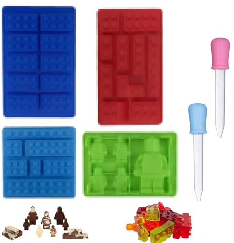 4 Pezzi in Silicone Robot da Costruzione con 2 Contagocce Colorati (Rosso/Blu) - Stampi Antiaderenti Riutilizzabili per Caramelle, Cioccolato, Cubetti di Ghiaccio